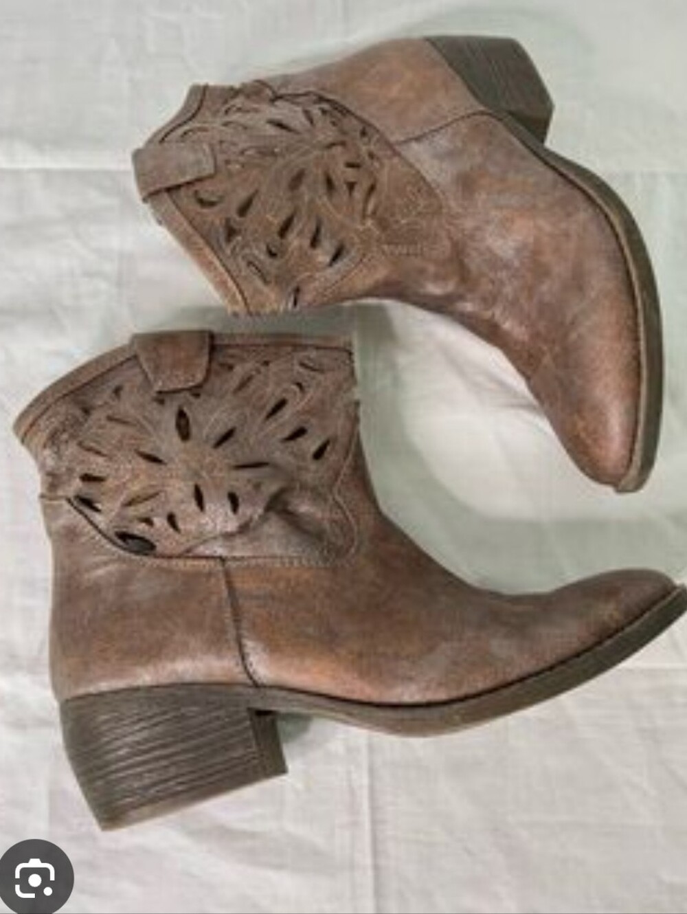 Boho Distressed Floral Laser Cut Out Ankle Boots Western Cowgirl Metallic Bronze